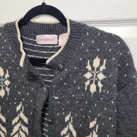 Carroll Reed Gray Cream Snowflake Cardigan‎ Wool Lambswool Angora M Vintage - Picture 12 of 12